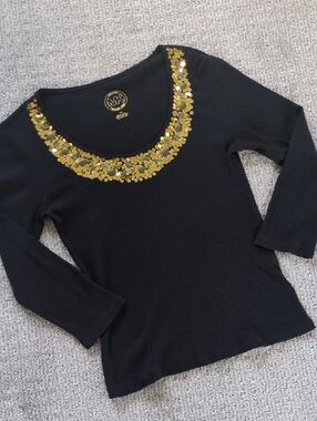 Y2K Michael Kors Charco Stretch 3/4 Sleeve Cotton Top w/Gold Sequin Detail, Sz M